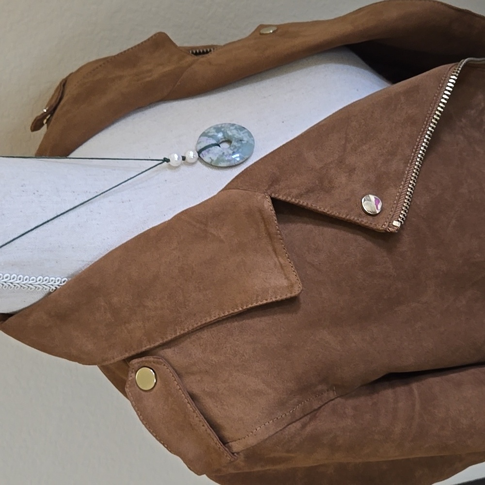 H&M Faux Suede Versatile Moto-Style Jacket with Gold-Brass Hardware EUC - 8 - Picture 4 of 11